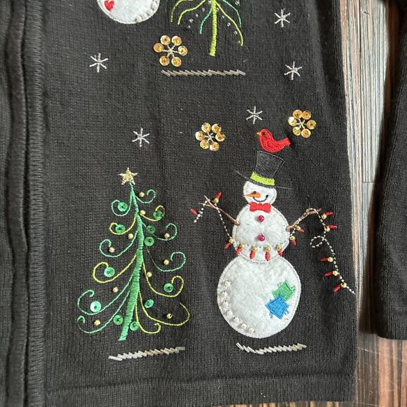 Vtg ML Design Sweater Size L Black Christmas Cardigan Winter Snowman Zip - Picture 4 of 7